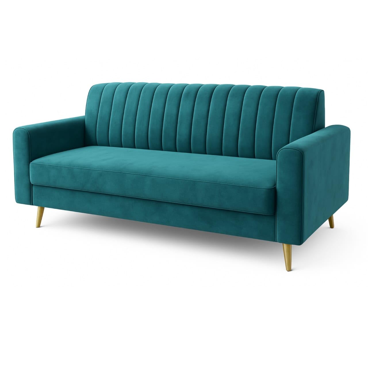 Wood Wing Furnitures Modern 3-Seater Velvet Sofa for Living Room | Elegant Line Pattern Couch with Wooden Legs | Comfortable Fabric Sofa Set for Home