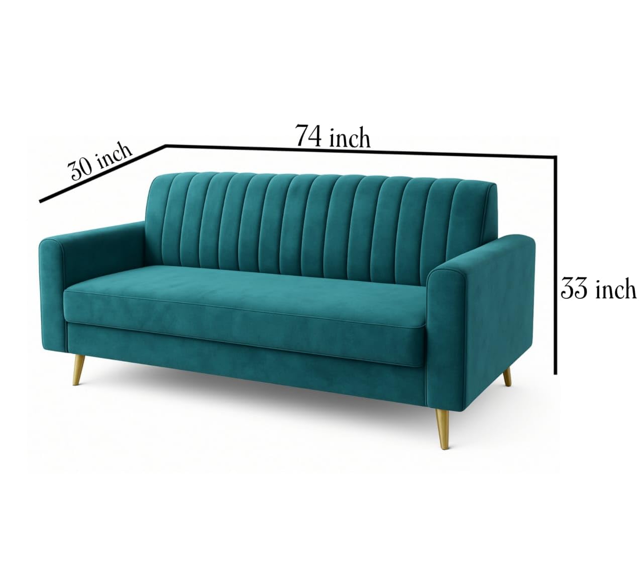 Wood Wing Furnitures Modern 3-Seater Velvet Sofa for Living Room | Elegant Line Pattern Couch with Wooden Legs | Comfortable Fabric Sofa Set for Home
