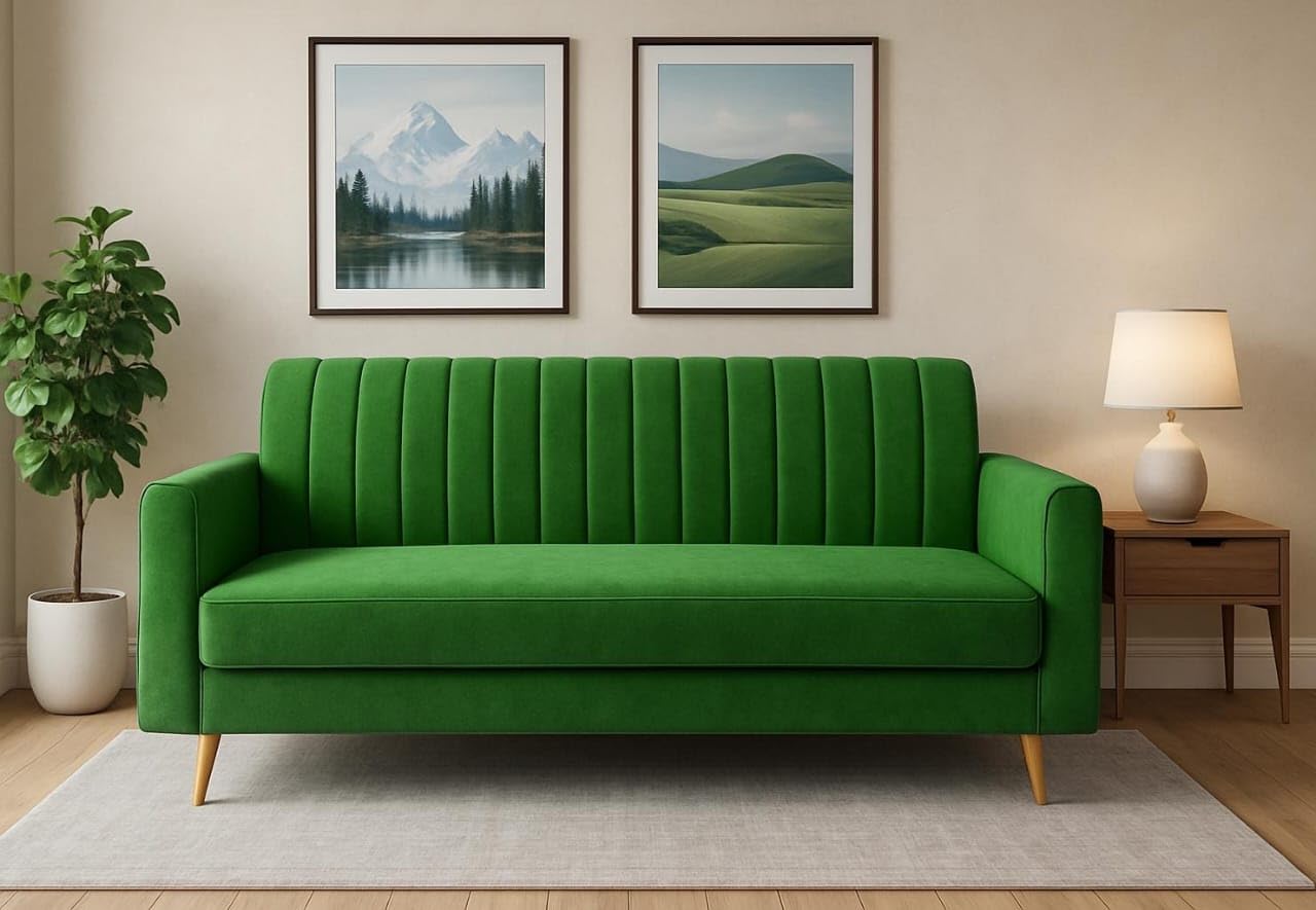Wood Wing Furnitures Modern 3-Seater Velvet Sofa for Living Room | Elegant Line Pattern Couch with Wooden Legs | Comfortable Fabric Sofa Set for Home