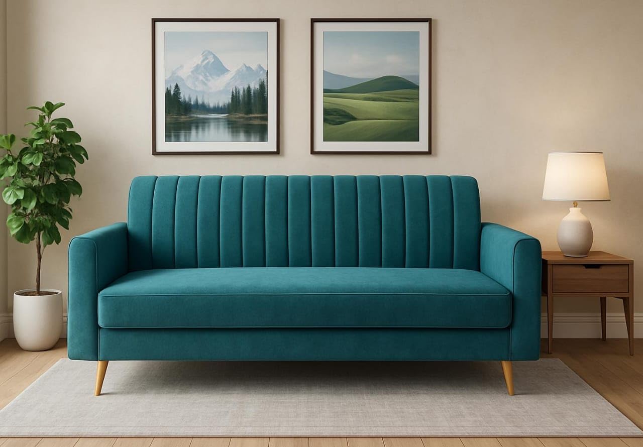 Wood Wing Furnitures Modern 3-Seater Velvet Sofa for Living Room | Elegant Line Pattern Couch with Wooden Legs | Comfortable Fabric Sofa Set for Home