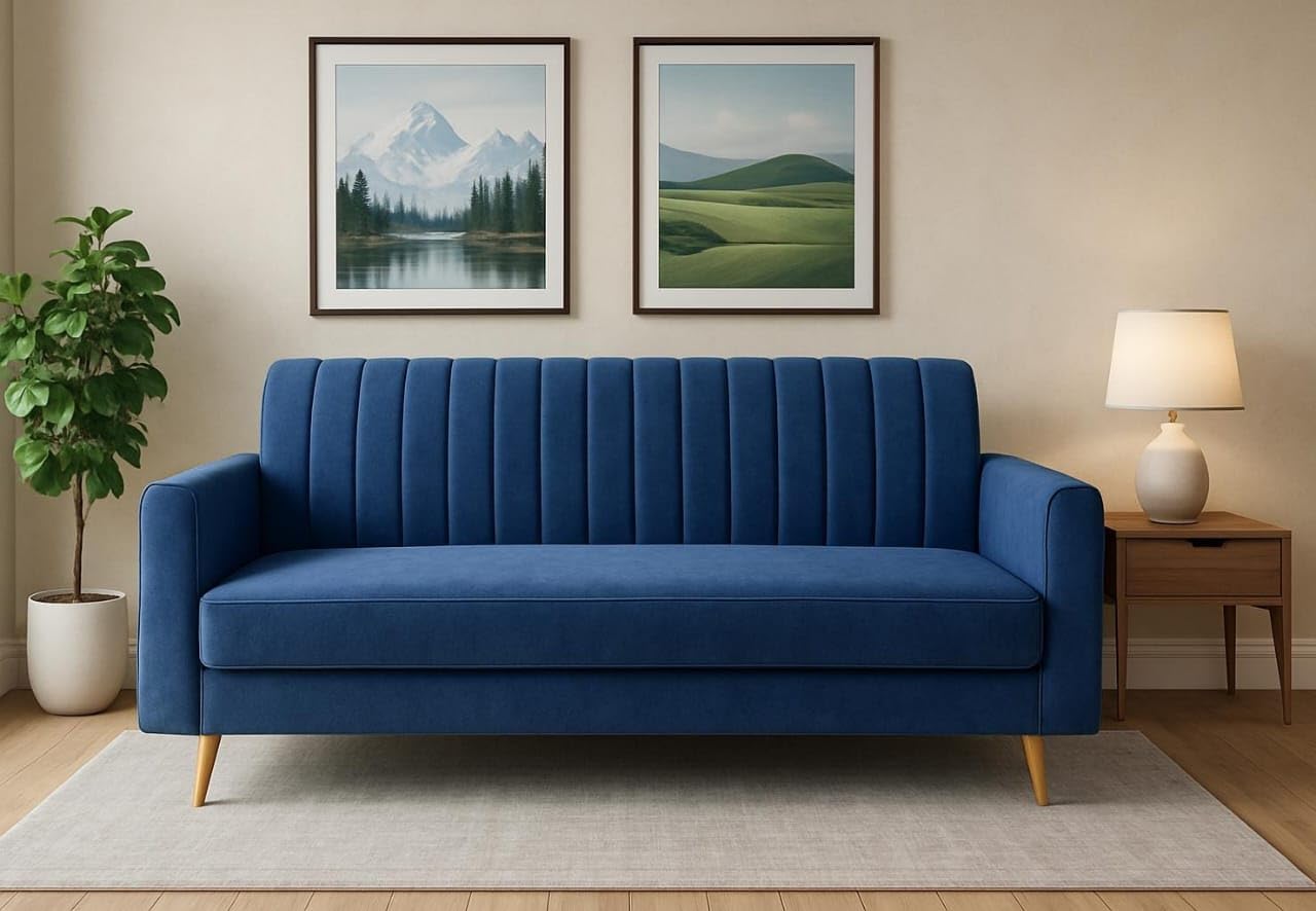 Wood Wing Furnitures Modern 3-Seater Velvet Sofa for Living Room | Elegant Line Pattern Couch with Wooden Legs | Comfortable Fabric Sofa Set for Home