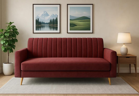 Wood Wing Furnitures Modern 3-Seater Velvet Sofa for Living Room | Elegant Line Pattern Couch with Wooden Legs | Comfortable Fabric Sofa Set for Home