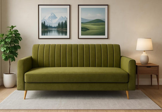 Wood Wing Furnitures Modern 3-Seater Velvet Sofa for Living Room | Elegant Line Pattern Couch with Wooden Legs | Comfortable Fabric Sofa Set for Home